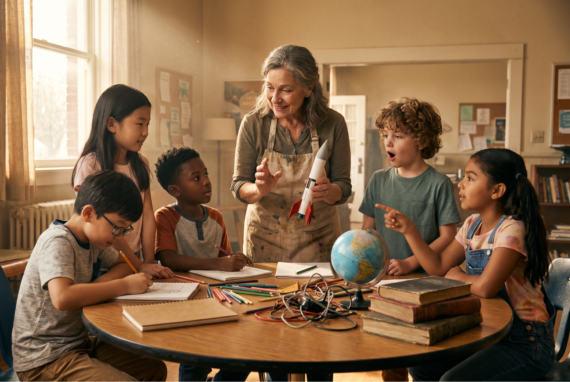 Figure 3: Dinner Table Capital — A diverse group of children gathered around a table with a mentor figure holding a model rocket, illustrating the transformative power of early exposure to innovation and problem-solving.